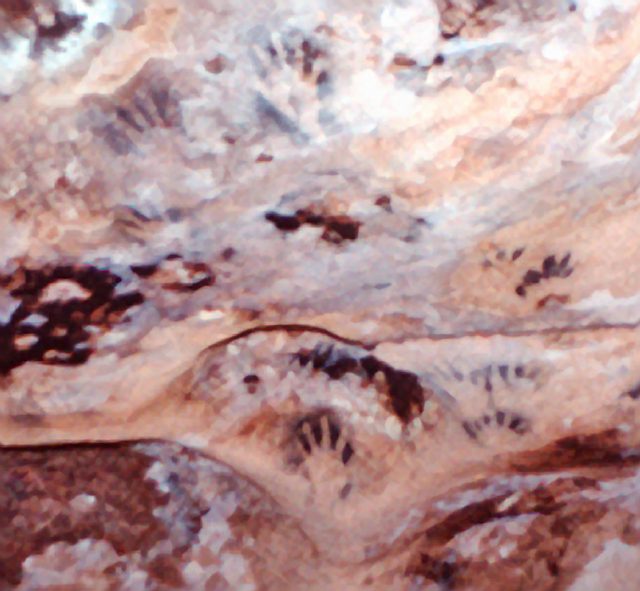 Hand prints on wall of Loltun Cave